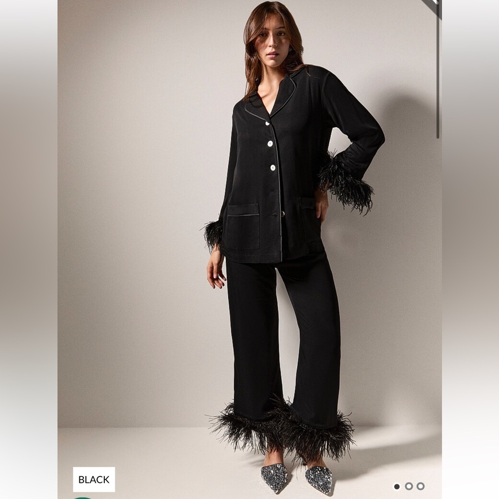 Black Feather Trim Pajama Set